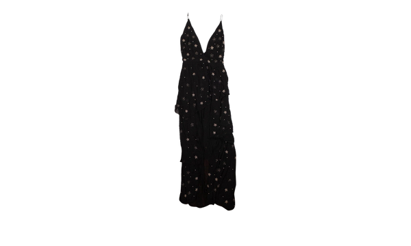 Asymmetrical Deep V Bead Silk Long Dress "Black"